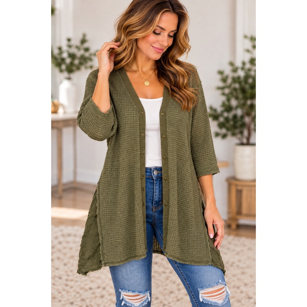 XCVI Cardigan Women L Olive Green Lagenlook Boho Open Knit Longline Lightweight